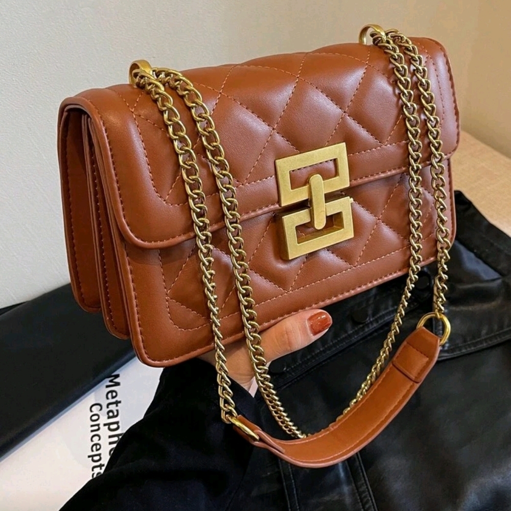 Chic Brown Quilted Shoulder Bag with Gold Chain